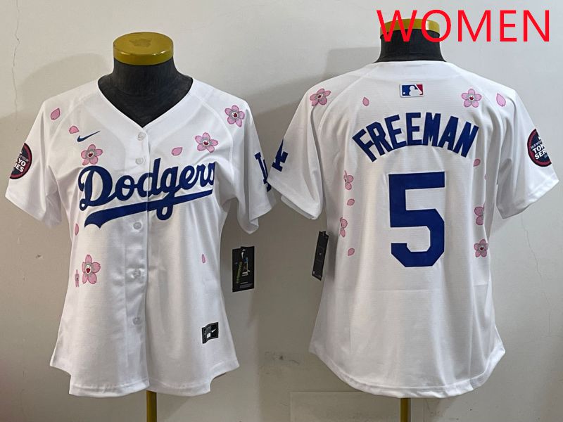 Women Los Angeles Dodgers #5 Freeman White Sakura Edition 2025 Nike MLB Jersey style 1